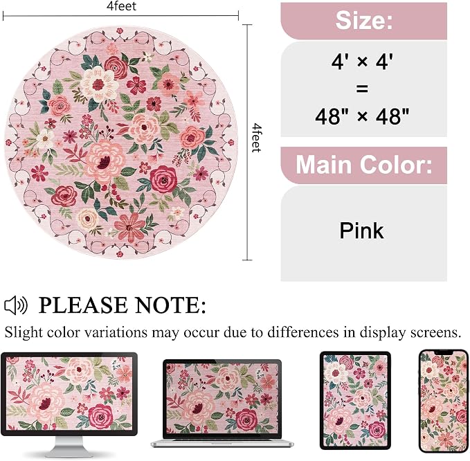 DUKINO 4ft Round Rug, Floral Washable Small Round Area Rug Non Slip, Pink | Soft, Low Pile, Stain Resistant Indoor Circle Rug for Bedroom, Kitchen, Kids Room, Living Room, Pet Friendly, Home Decor
