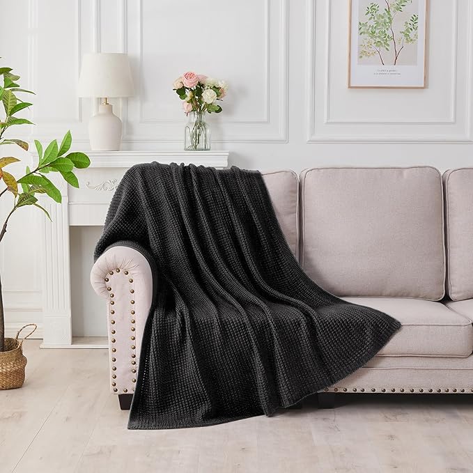 Douceur Black Throw Blanket for Couch, Soft Chunky Cable Knit Throw Blanket, Classic Fisherman's Rib Stitch Pattern Throw for Living Room Gift, 50"X60"