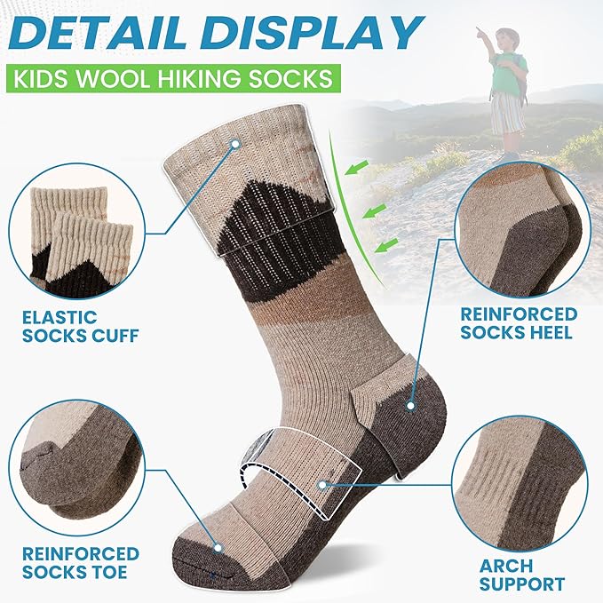WEVIAS Kids Merino Wool Hiking Socks Boys Thermal Winter Cozy Boot Warm Cushion Socks 6 Pairs
