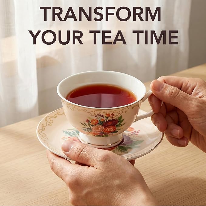 BTaT- Floral Tea Cups and Saucers, 8 oz, Fine Porcelain Teacup Set with Gold Trim for Afternoon Tea, Weddings, Parties & Gifting, Dishwasher Safe, Lightweight, Non-Toxic, Set of 6