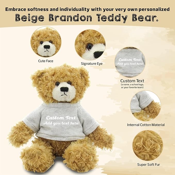 Customized Beige Brandon Bear - 12 inch Personalized Stuffed Bear Plush Toy - Perfect Custom Shirt Bear Gift for Graduation Valentines Graduation Easter Holidays (Gray Shirt)