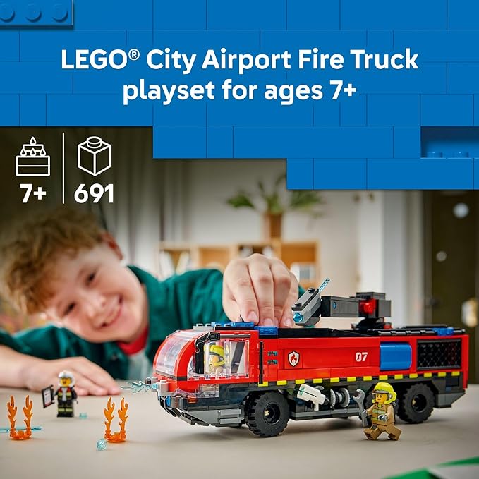 LEGO City Airport Fire Truck Kids Building Toy - Pretend Play Emergency Vehicle for Boys & Girls, Ages 7+ - Fire Engine Toy W/ 4 Firefighter Minifigures - Gift Idea for Birthdays - 60499