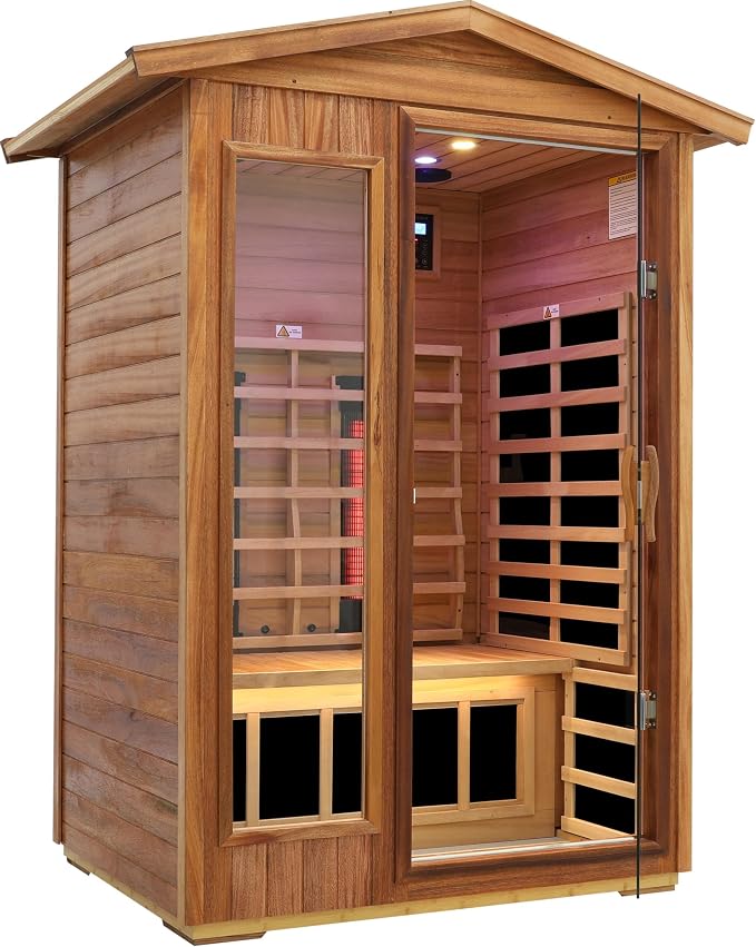 LTCCDSS Outdoor Ceramic Sauna 2 Person, Mahogany Far Infrared Sauna, Low EMF Sauna Room for Home,Withstand Outdoor Temp -10℉-149℉,Chromotherapys | Bluetooth Speakers