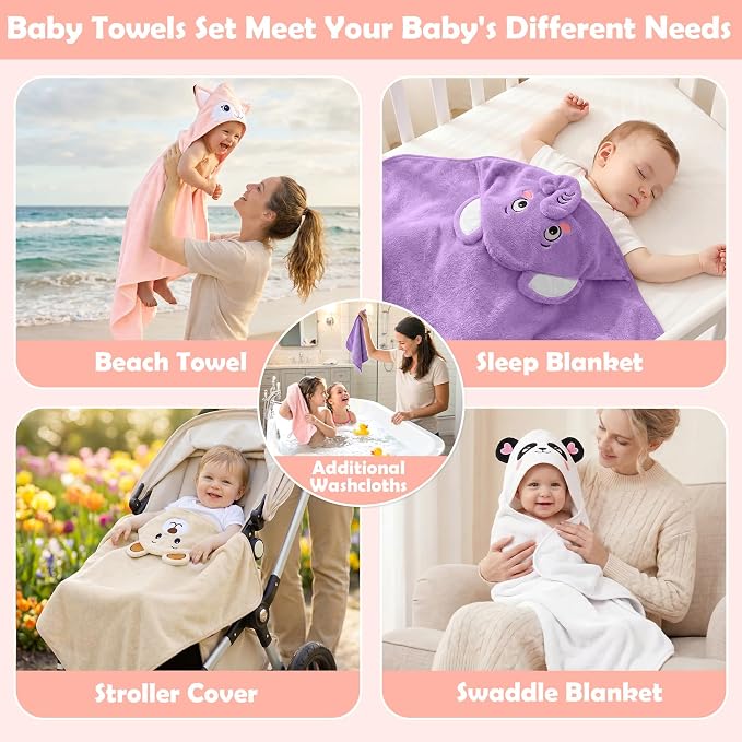12 PCS Baby Bath Towels Set for Infants Toddlers, 4 PCS Animal Hooded Baby Towels & 8 PCS Washcloths Set, Ultra Absorbent Newborn Bath Essentials Gifts for Boys & Girls