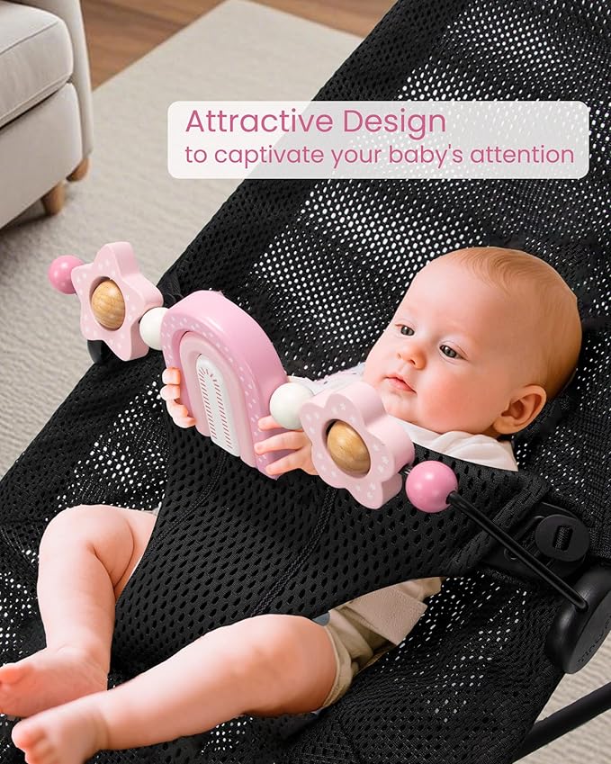 Baby Bouncer Toy Bar Wooden Compatible with Baby Bjorn Bouncer, Bouncer Toy Attachment, Tight and Secure Fit, So Fun to Watch, Touch and Spin for Babies All Ages (Pink Rainbow)