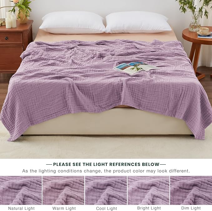 Love's cabin 100% Cotton Muslin Blanket, 6 Layer Lightweight Breathable Gauze Queen Size Blanket 90 x 90 Inches, Soft All Season Blanket for Bed, Lavender