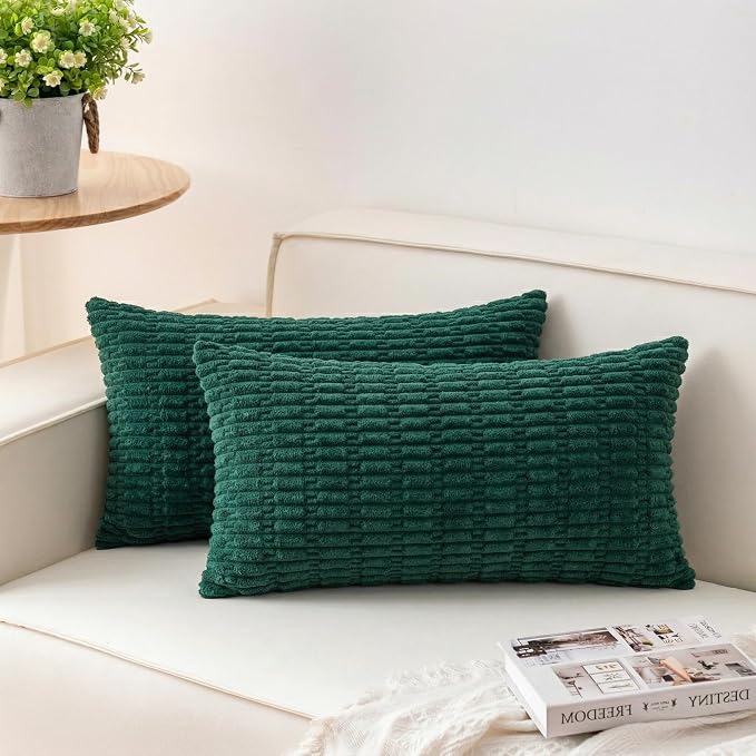 Pack of 2 Corduroy Decorative Throw Pillow Covers 12x20 Inch, Dark Green | Fall Soft Striped Pillow Covers Modern Farmhouse Home Decor Christmas Throw Pillow Covers for Sofa Living Room Couch Bed