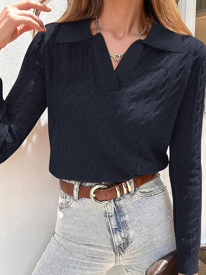 ANRABESS Womens Cable Knit Sweaters Long Sleeve V Neck | Pullover Collared Sweater Tops, Polo Knit Shirts, Business Casual Work, Tennis Golf, Fall Winter Fashion Outfits