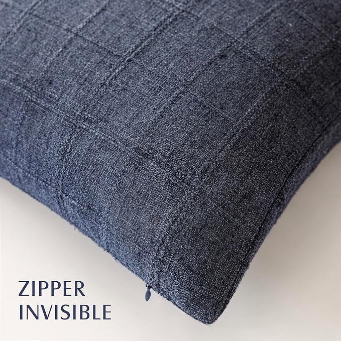 Foindtower Set of 2 Decorative Linen Check Throw Pillow Covers Neutral Farmhouse Vintage Cushion Covers Modern Boho Home Decor for Sofa Chair Couch Bedroom Living Room,24×24 Inch,Navy Blue
