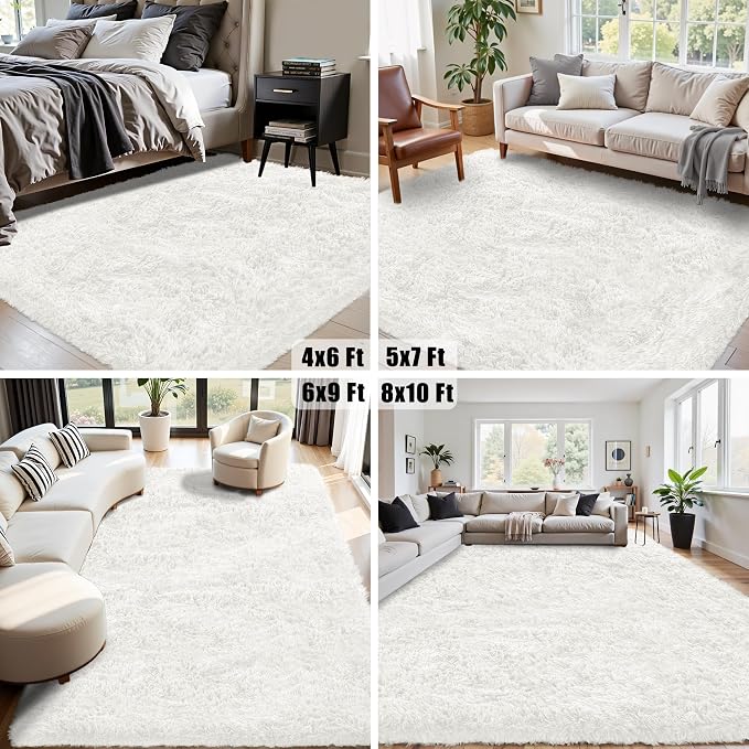 8x10 Area Rug for Living Room:Ultra Soft Fluffy Shag White Rugs,Large Fuzzy Plush Indoor Non Slip Carpet Washable Rug for Bedroom Kids Nursery Office Dorm Modern Decor(White 8'x10')