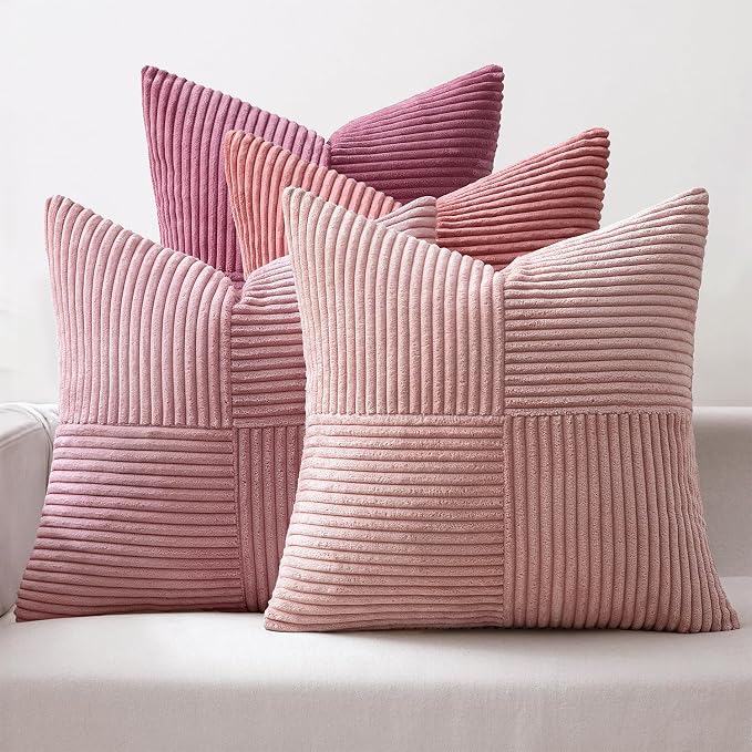 MIULEE Aesthetic Pink Throw Pillow Covers 18x18 Inch Set of 4 Spring Decorative Coquette Cushion Cases Cute Gradient Pillow Cases Corduroy Home Decor for Couch Sofa Living Room Bed Valentine Decor