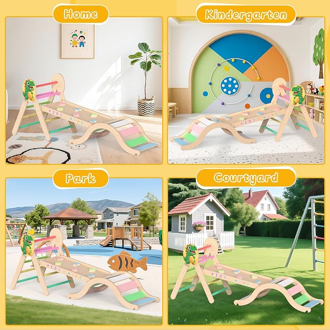 Acenova Pikler Triangle Climbing Set with Cushion and DIY Name Stickers, Montessori Wooden Climbing Gym for Toddlers, Indoor Jungle Gym, Dinosaur Pikler Triangle Arch Ramp Climber Toy