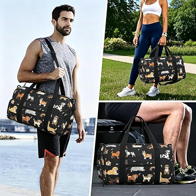 Fiokroo Sports Gym Bag Cute Dogs Black Travel Duffel Bag For Men Women With Shoe Compartment Water Resistant Gym Bag Carry On Duffel Bag For Weekend Traveling Yoga Gym Sports