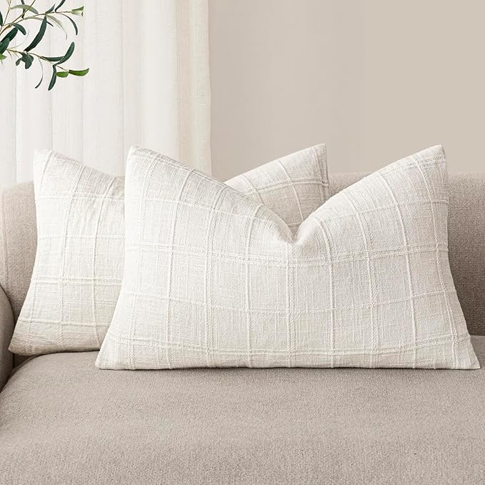 Foindtower Set of 2 Decorative Linen Check Throw Pillow Covers Neutral Farmhouse Lumbar Cushion Covers Modern Boho Home Decor for Sofa Chair Couch Bedroom Living Room,12×20 Inch,Cream White