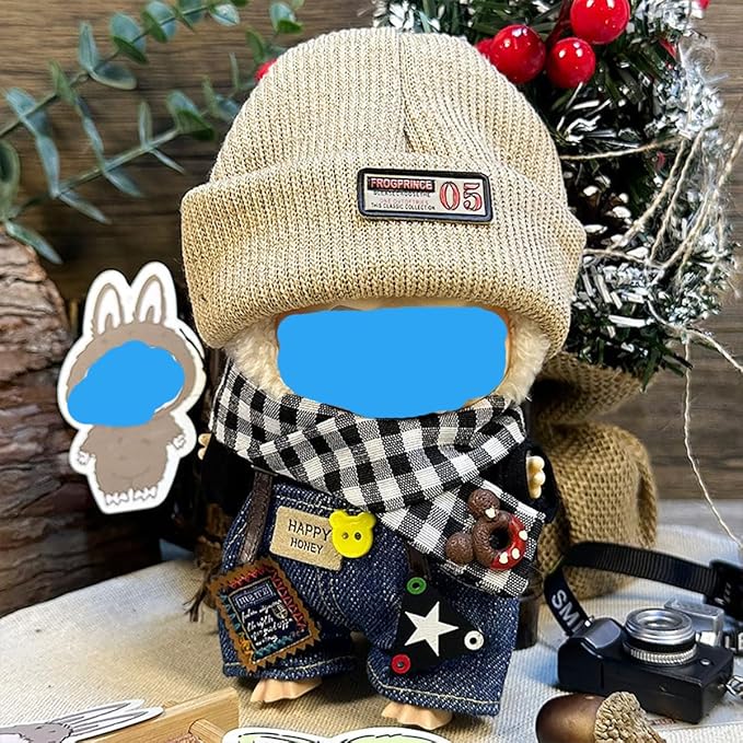 17cm Plush Doll Clothes Wardrobe Set - Clothes for Dolls Faux Fur Outfit Bundle (Hat+Top+Pants+Accessories) for Cute Collectible Figure Display (NO Doll) Included (Style-A, 17cm/7inch)