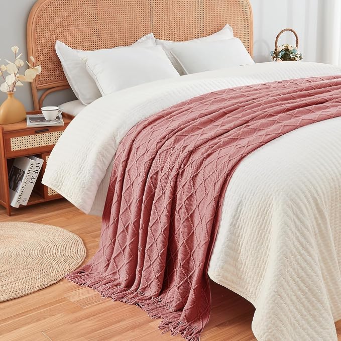 inhand Coral Pink Knitted Throw Blanket for Couch and Bed, 50"x60" | Gifts for Mom from Daughter Son, Soft Lightweight with Tassel, Farmhouse Warm Decorative Blanket for Women, Cozy Knit