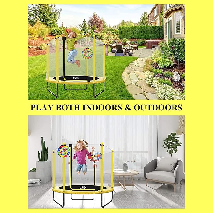LANGXUN 60" Trampoline for Kids, 5ft Toddler Mini 6-in-1 Trampoline Indoor Outdoor with Swing, Basketball Hoop, Dart Board, Gymnastics Bar, Rings, Christmas Toys Birthday Gifts for Girls Boys