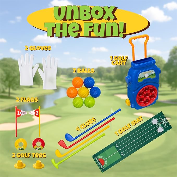 Toddler Golf Set - Kids Golf Clubs, Toddler Toys (Includes Original Kid Golfer Cart & Gloves, 7 Balls and 4 Sticks) Sports & Outdoor Play Toys, Outdoor Toys