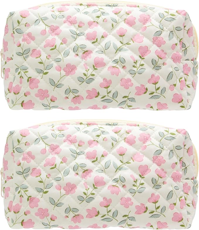 PAZIMIIK Small Quilted Makeup Bag,Zipper Cosmetic Pouch,Floral Pink,2 Pack | Lightweight Cosmetic Bag Organizer for Women,Purse Storage Holds Makeup,Toiletries,Skincare,Beauty Essentials,Travel Items