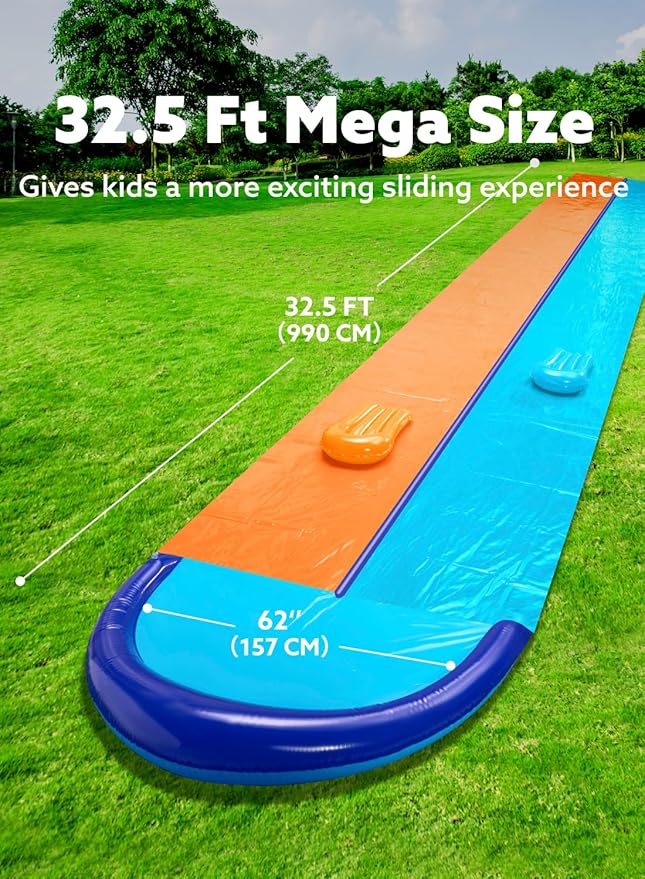 Sloosh 32.5FT Double Water Slides, Heavy Duty Lawn Slide with Sprinkler and 2 Inflatable Boards Backyard Yard Lawn Summer Outdoor Water Toy for Kids Adults