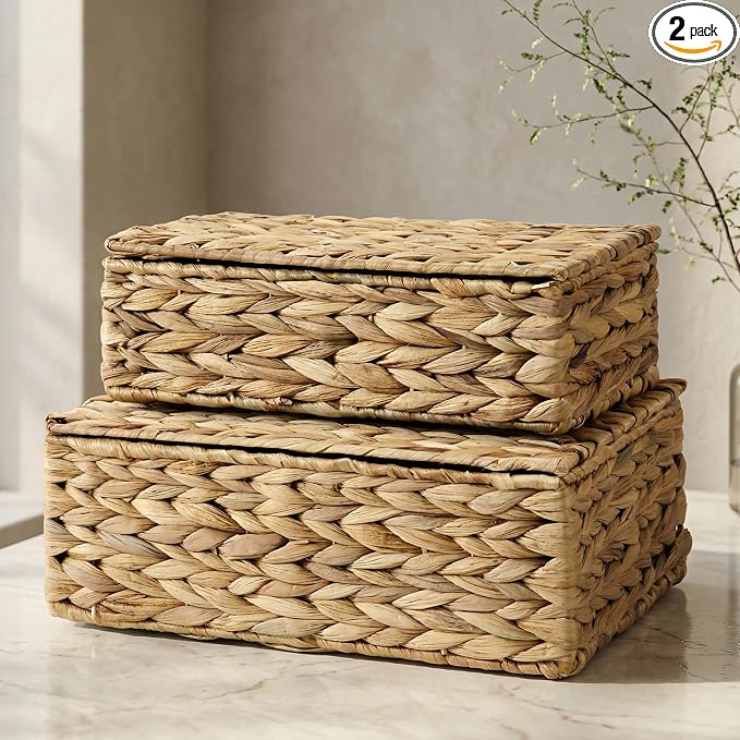 ZICOTO Decorative Storage Boxes with Lids - Set of 2 Wicker Organizer Bins | Beautiful Rattan Design for Shelves and Home Decor - Safely Store Photos, Documents and Memory Box Keepsakes in Style