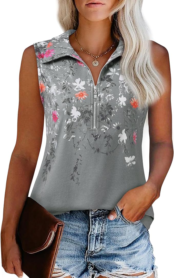 Vivilli Womens Ribbed Tank Top Zipper V Neck Dressy Casual Blouses Sleeveless Camisole Tops Work Tank Polo Shirts