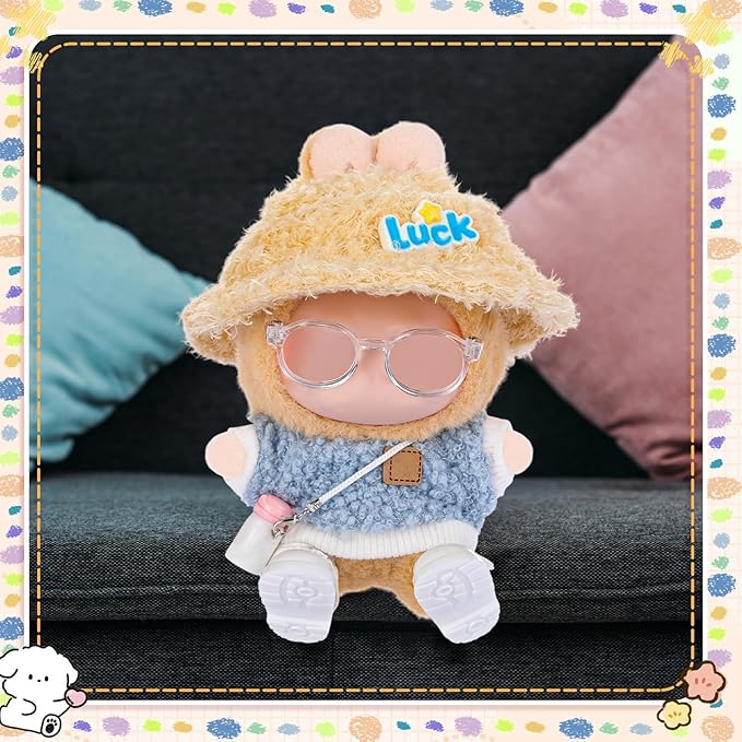 5 Pcs Stylish Set for 17cm Dolls with Fashion Hat, Water Bottle, Transparent Glasses, Shoes and Sweater Outfit Set, Cute Doll Style Accessories Gift (Pretty, Blue)