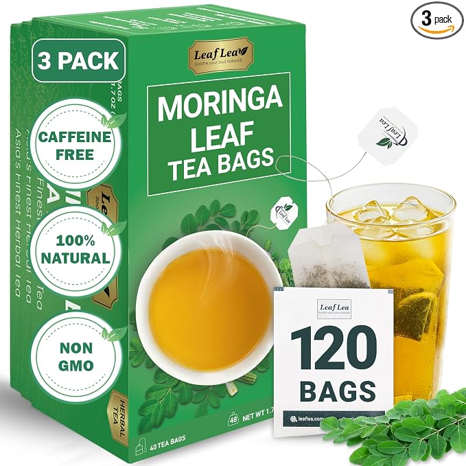 LeafLea Moringa Tea Bags, Natural Moringa Leaf Herbal Tea, 120 Count | Nutrient-Rich Moringa Oleifera Leaves, Individually Foil-Wrapped, Caffeine-Free, Sugar-Free, Vegan, 3 Boxes