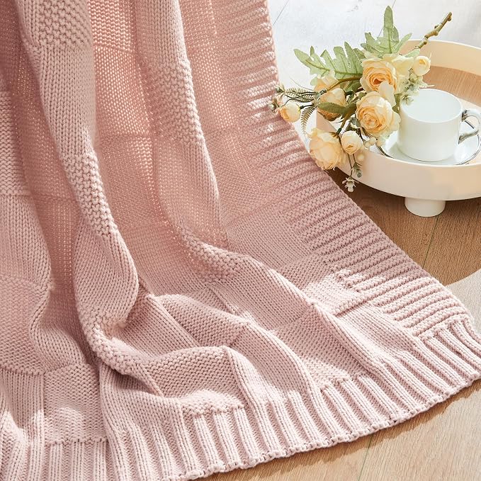 CozeCube Pink Knitted Checkered Throw Blanket 50"X60" | Check Knit Throw for Couch, Decorative Christmas Soft Cozy Warm Blanket for Bed Sofa Living Room