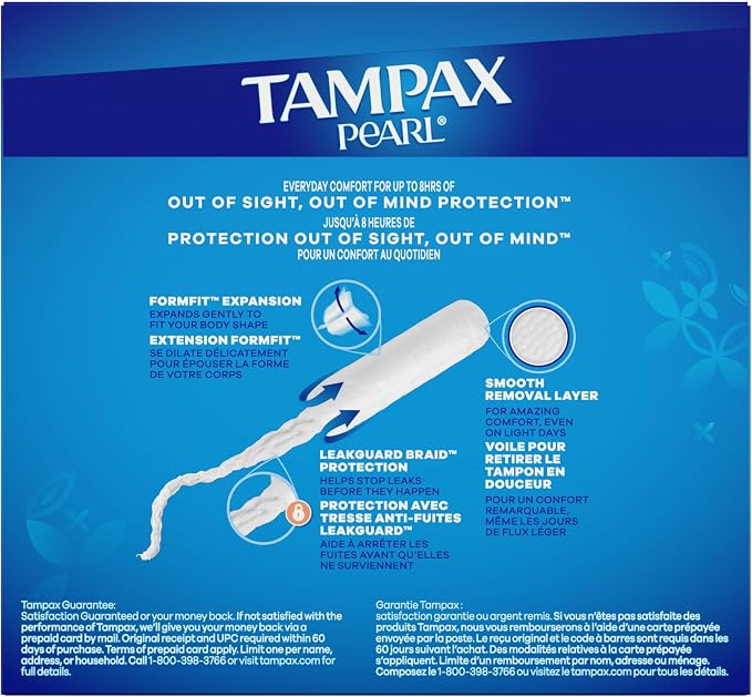 Tampax Pearl Tampons for Women, with LeakGuard Braid, Regular Absorbency, Unscented, 36 Count