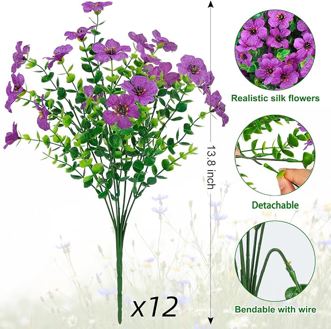 Ouddy Decor 24 Pcs Artificial Flowers for Outdoors Decorations, Purple | Lifelike silk flowers, UV resistant, faux plastic plants, for garden porch window table vase home indoor outdoor decor