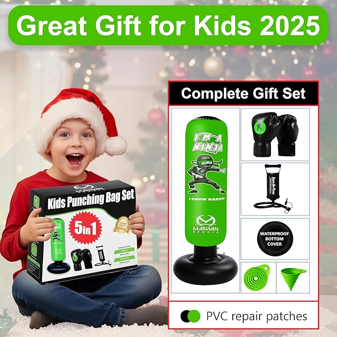 Marwan Sports 5-in-1 Inflatable Punching Bag for Kids – 63" Karate Toy Set with Boxing Gloves, Durable Fast Rebound, Active Play Christmas/Birthday Gift for Boys & Girls Ages 4-12