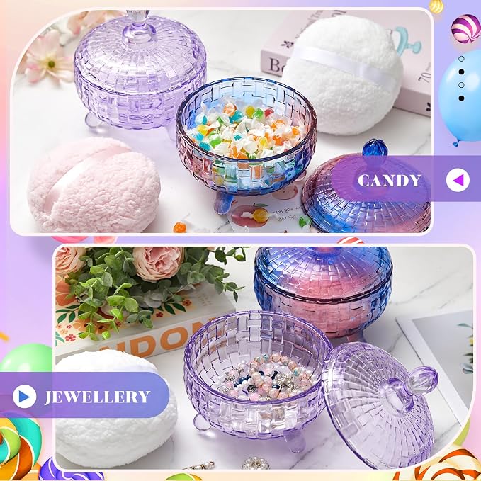 Tioncy 2 Set Extra Large Body Powder Puff and Container, 6'' Washable Vintage Decorative Crystal Powder & Container Gift for Bathroom Counter & Feminine Vanity Decor(Weave Design,Gradient and Purple)