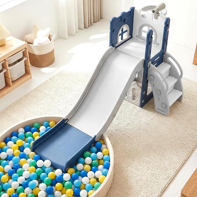 BABY JOY Toddler Slide, 6-in-1 Indoor Kids Slide Playset with Basketball Hoop, Telescope, Climbing Ladder & Storage Space, Freestanding Playhouse & Climber for Kids Aged 1-3 (Deep Blue)