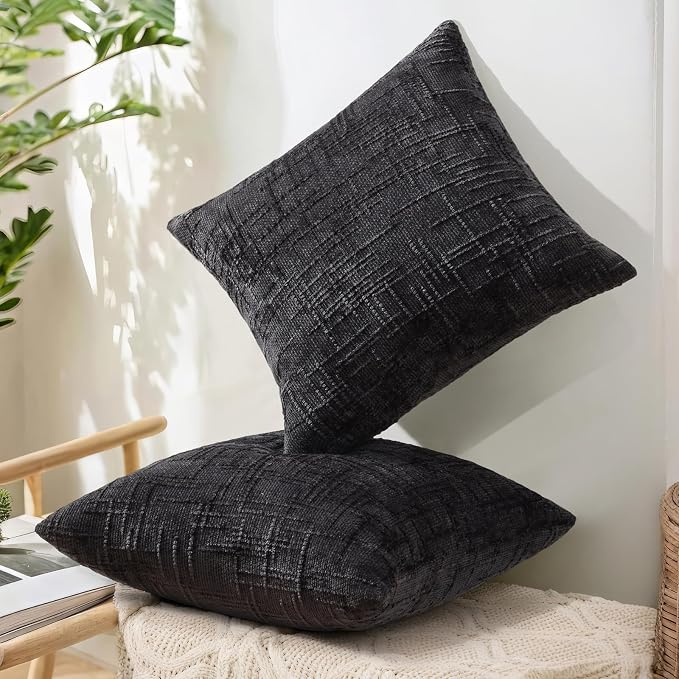 decorUhome Textured Chenille Throw Pillow Covers 26x26 Set of 2 Black | Fall Modern Farmhouse Soft Cozy Slubby Couch Pillow Cases Boho Decorative Pillow Cases for Bed Sofa Living Room Home Decor