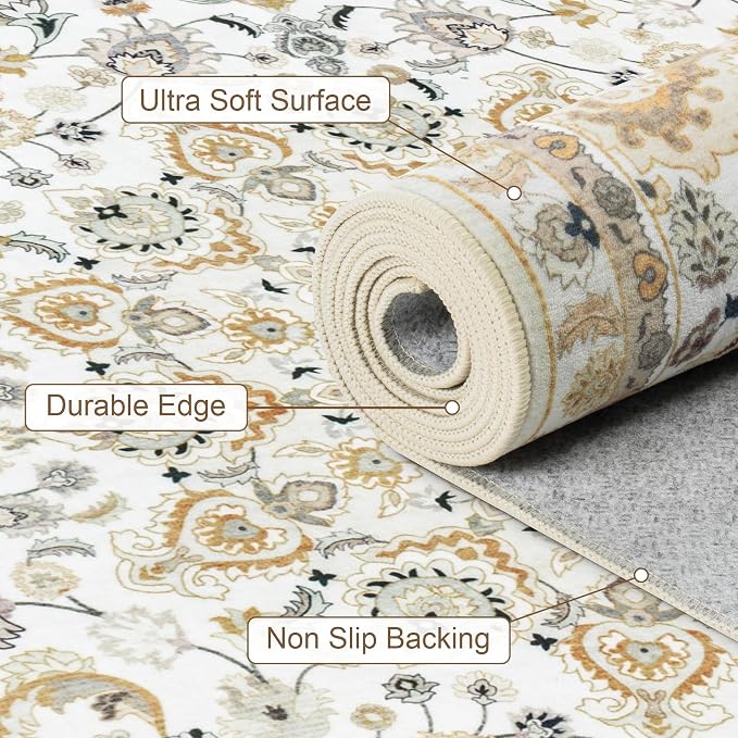4x6 Area Rugs for Living Room: Washable Rug Soft Vintage Boho Carpet Indoor Floor Non-Slip Stain Resistant Floral Large Carpets for Bedroom Dining Room Farmhouse Nursery Home Office Beige