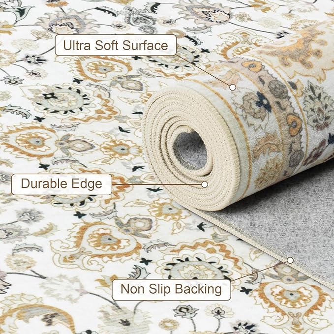 Round Area Rug for Living Room: 8 ft Washable Vintage Boho Soft Thin Circle Rug Indoor Floor No Slip Stain Resistant Carpet for Bedroom Dining Room Farmhouse Nursery Home Office - Beige