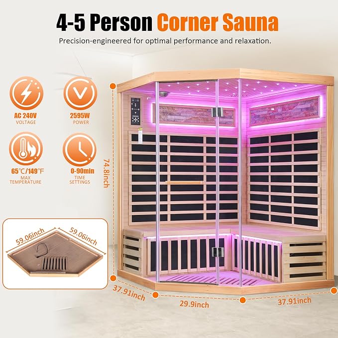 Infrared Sauna for Home 4 Person Indoor Sauna Hemlock Wood Corner Saunas 240V 2595W with Red Light, Oxygen Bar, Bluetooth Speakers