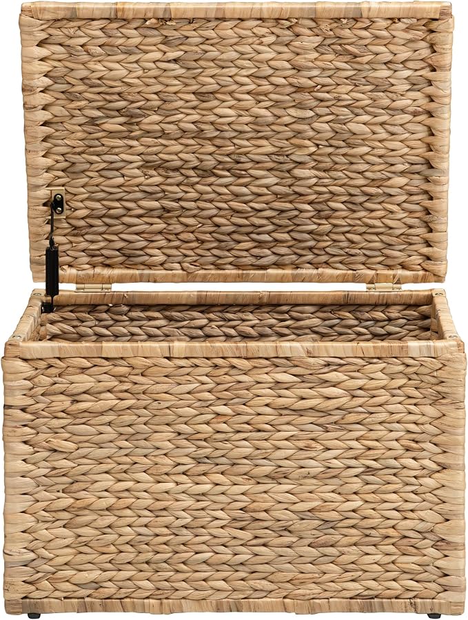 Storage Trunk with Metal Frame, Natural, 23.3 by 16.5 by 15.2 Inches | Safety Hinge, Heavy-duty Wicker Chest, Handwoven Water Hyacinth