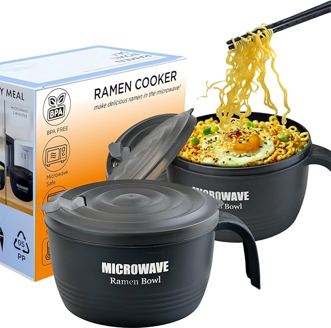 Layron 2 Sets Microwave Ramen Cooker Bowl 45 oz Instant Noodle Bowl with Handles Ramen Noodle Cooker with Spoon Chopsticks Fork Knife College Dorm Room Essentials(Black, Black)