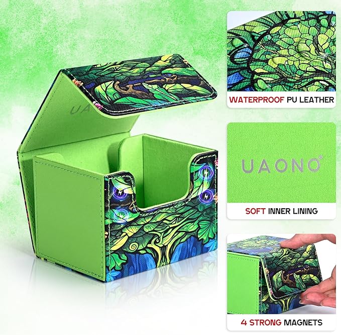 UAONO Card Deck Box for MTG, Trading Cards Storage Box Holds 120+ Sleeved Commander Deck, PU Leather Card Box Suits TCG Magic with 2 Dividers (Green,Tree)