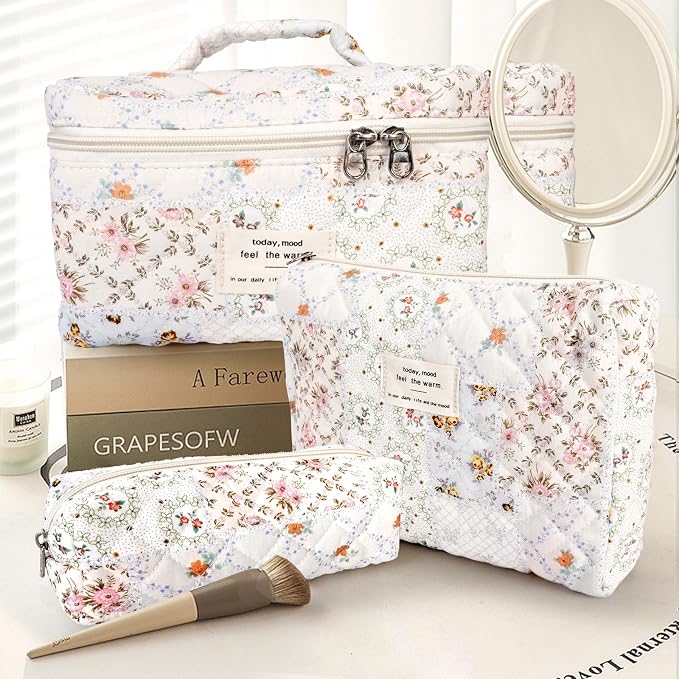 GISMTR 3Pcs Cotton Quilted Makeup Bag Large Travel Cosmetic Bag Coquette Makeup Pouch Cute Aesthetic Floral Toiletry Bag for Women Girls (flower-U)