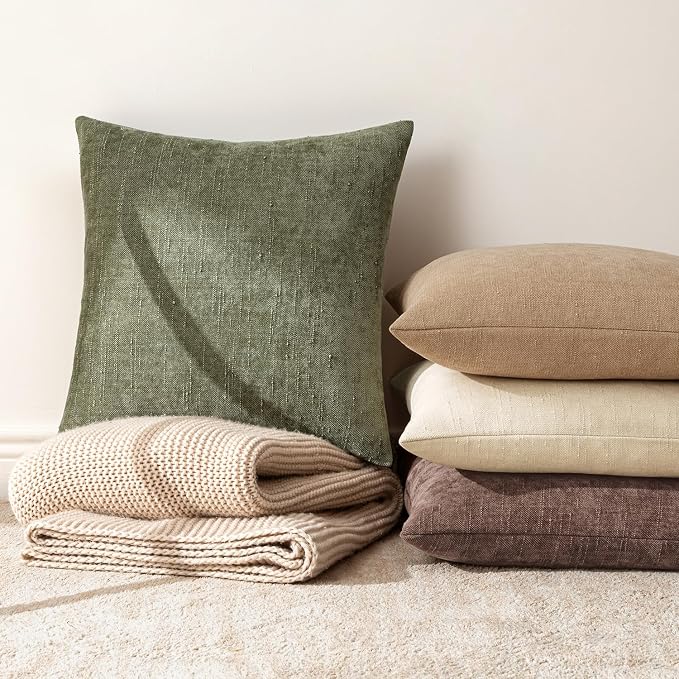 MIULEE Textured Chenille Throw Pillow Covers 18x18 Inch Olive Green | Pack of 2 Decorative Soft Throw Pillows, Solid Textured Cushion Covers, Modern Home Decor for Couch Sofa Bedroom Living Room
