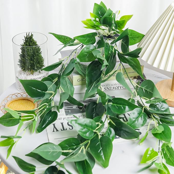 Der Rose 4Pcs Artificial Hanging Plants Fake Vines for Wall Shelf Decor | Fake hanging plant set with white pots, 2 plant styles and 2 of each for shower plants, bathroom walls and bedroom shelves