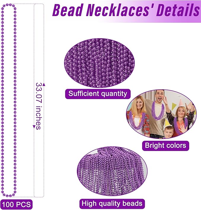 100PCS Mardi Gras Beads, Mardi Gras Beads Party Favors, Purple 33" Bead Toy Necklaces Costume Bulk, Festival Parade Throw Accessories for Halloween Mardi Gras Wedding Birthday Celebrations Decor