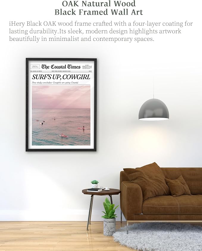 iHery 16x20in Surf’s Up Cowgirl Black Framed Newspaper Wall Art | Premium Black Natural OAK Wood Frame with Canvas Print, Coastal Cowgirl Decor for Bedroom, Dorm, Living Room 1Pack