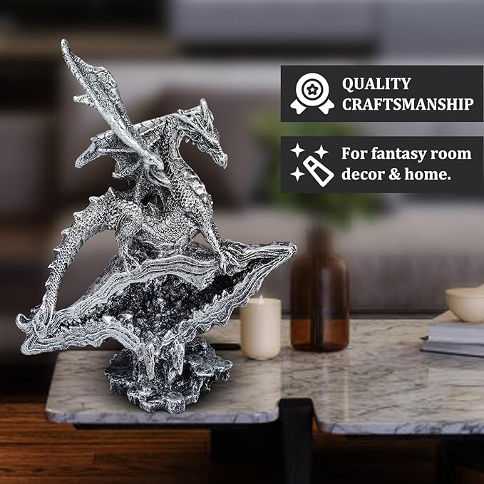 Gothic Medieval Mythic Dragon Figurine Statue Fantasy Decoration Table Office Home Bedroom Livingroom Decoration Gift (7 Inches,Silver)