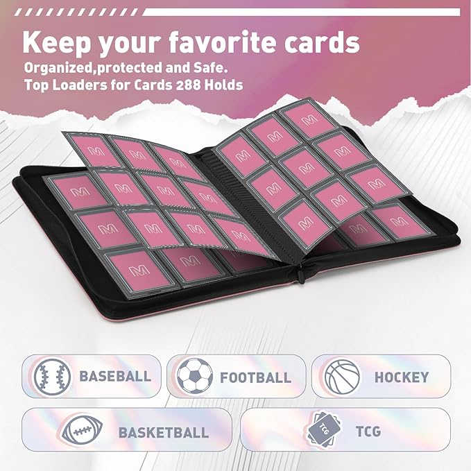 Toploader Binder,Trading Card Binder Storage Hold up 288 Cards 9-Pocket Top Loader Binder with Sleeves for 3"x4" Rigid Toploaders Hard Cases(9Pink7)