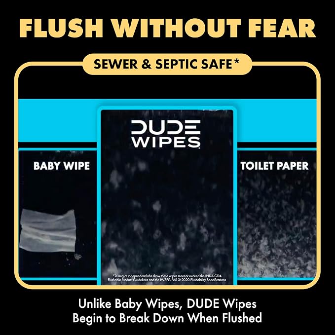 DUDE Wipes Shea BUTTer Flushable Wipes - Extra-Large Adult Wet Wipes - 3 Pack (144 Count) - Infused with Coconut Oil, Vitamin E, and Aloe - Septic and Sewer Safe
