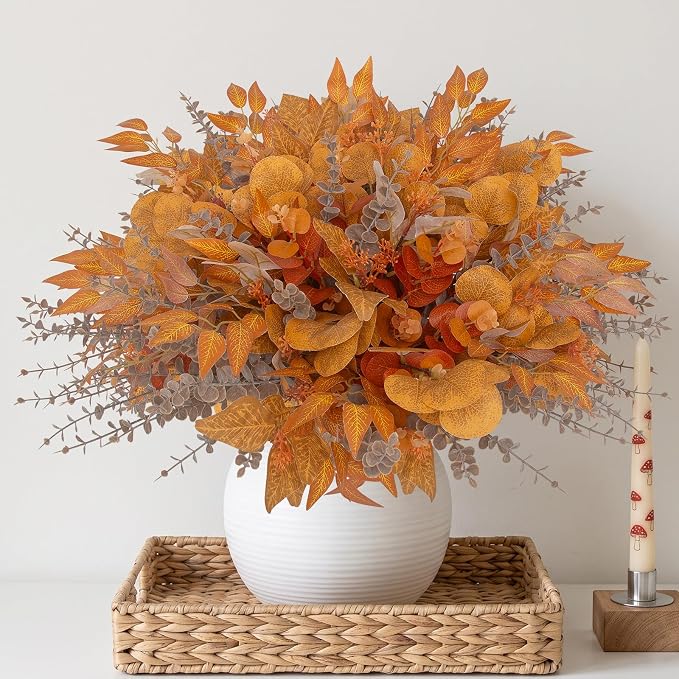 130 Pcs Fall Mixed Greenery Artificial Eucalyptus Stems Bulk, 6 Kinds of Fake Eucalyptus Leaves, Autumn Faux Floral Arrangement for Wedding Bouquet, Farmhouse Home Thanksgiving Decor (130, Orange)